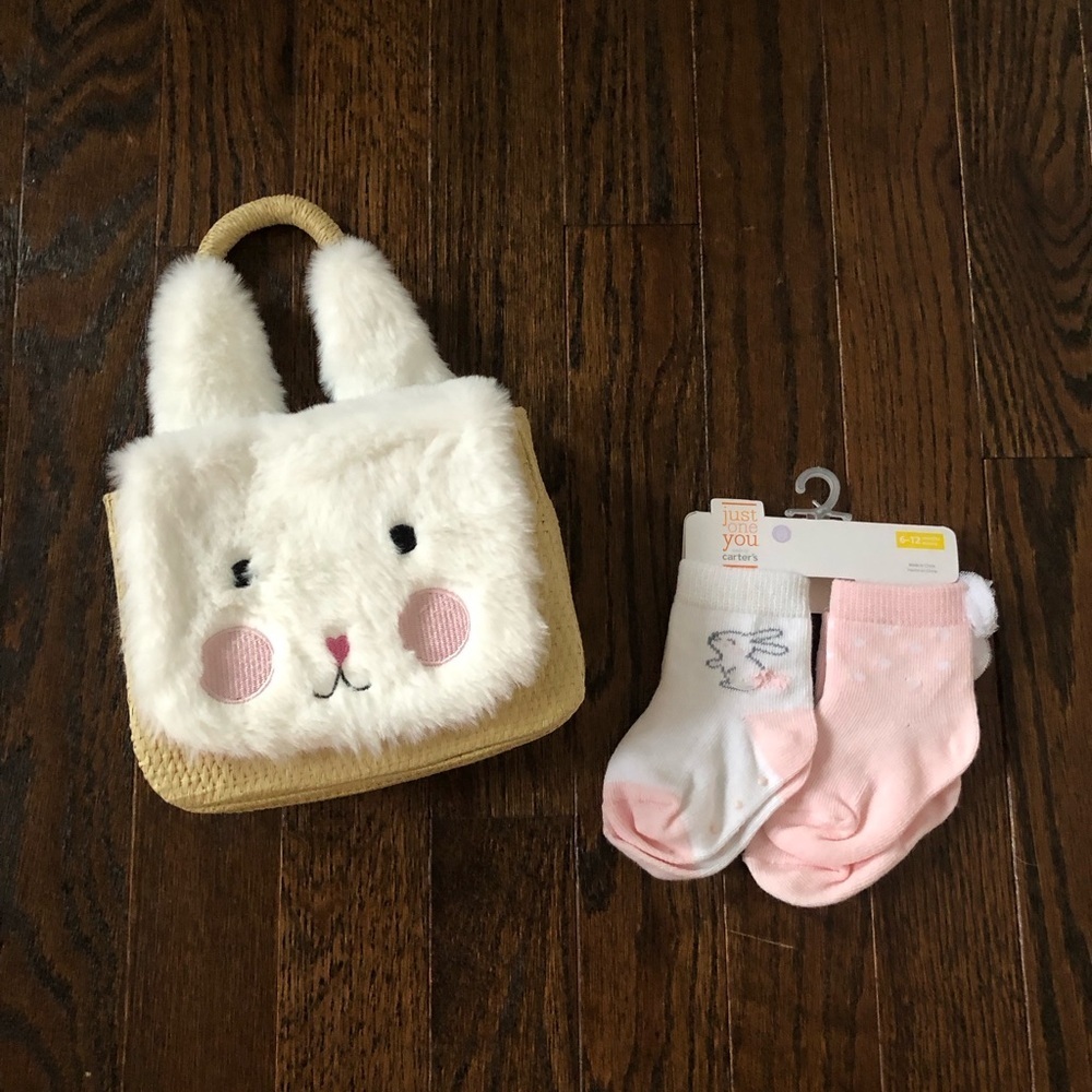Easter Bundle x2: NEW W/TAGS! Cat & Jack Fuzzy Bunny Straw Purse & 6-12M Socks
